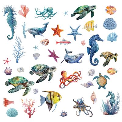 CRASPIRE 16 Sheets Sea Animal Wall Stickers Seahorse Turtle Octopus Whale Conch Coral Stickers Fish Window Stickers PVC Waterproof Self Adhesive Wall Decals Removable for Window Decor Clings