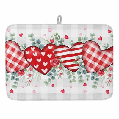 Valentine's Day Dish Drying Mat for Kitchen Counter, Absorbent Reversible Dish Drainer Rack Mats for Coffee Bar Mats 16''x18'' 1 PCS Valentines Love Leaves Buffalo Plaid