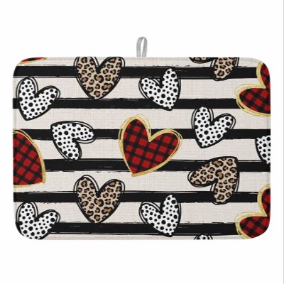 Valentine's Day Dish Drying Mat for Kitchen Counter, Absorbent Reversible Dish Drainer Rack Mats for Coffee Bar Mats 16''x18'' 1 PCS Black Stripes Leopard Plaid Hearts