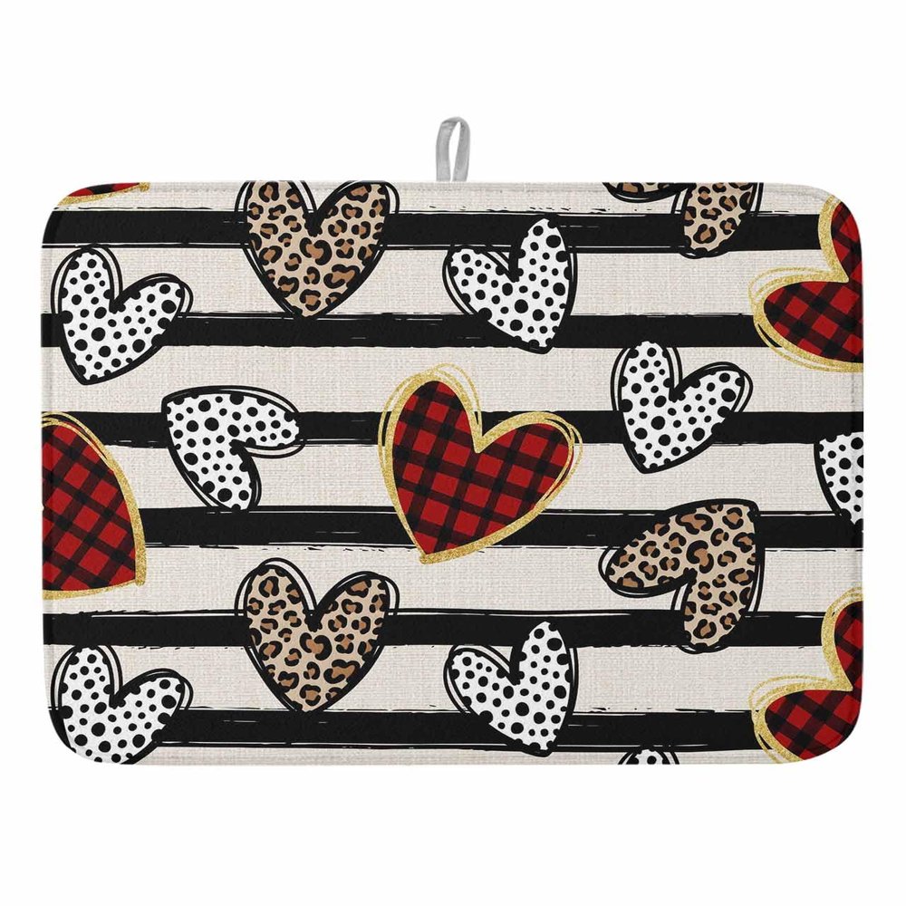 Valentine's Day Dish Drying Mat for Kitchen Counter, Absorbent Reversible Dish Drainer Rack Mats for Coffee Bar Mats 16''x18'' 1 PCS Black Stripes Leopard Plaid Hearts