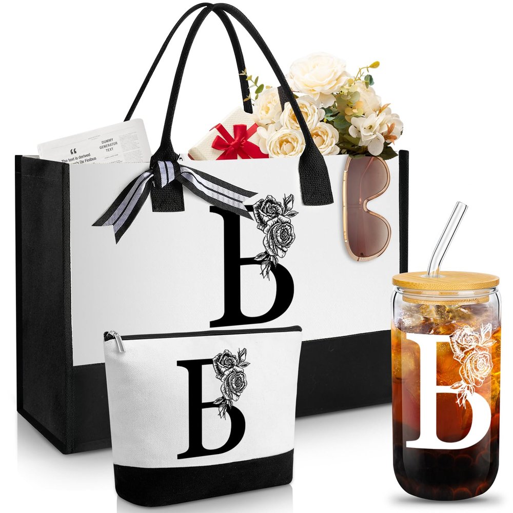 Aliceset Birthday Gifts for Women, Initial Canvas Tote Bag, 16oz Initial Glass Cup, Makeup Bag with Zipper Handbags & Wallets for Mom Sister Friends(Letter B)
