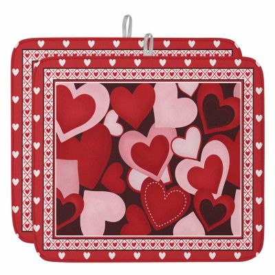 Valentine's Day Dish Drying Mat for Kitchen Counter, Absorbent Reversible Dish Drainer Rack Mats for Coffee Bar Mats 18''x24'' 2 PCS Valentine Red Love Romantic Heart