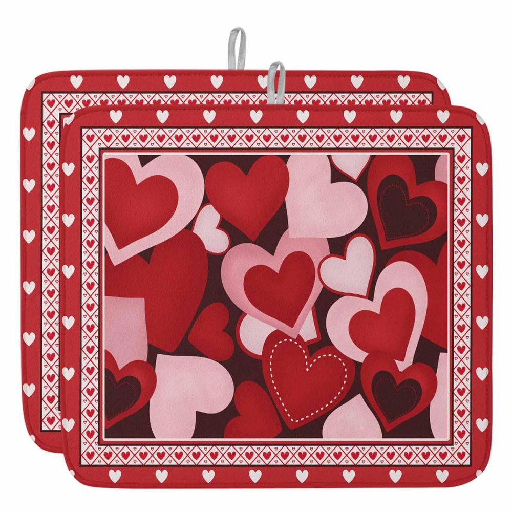 Valentine's Day Dish Drying Mat for Kitchen Counter, Absorbent Reversible Dish Drainer Rack Mats for Coffee Bar Mats 18''x24'' 2 PCS Valentine Red Love Romantic Heart