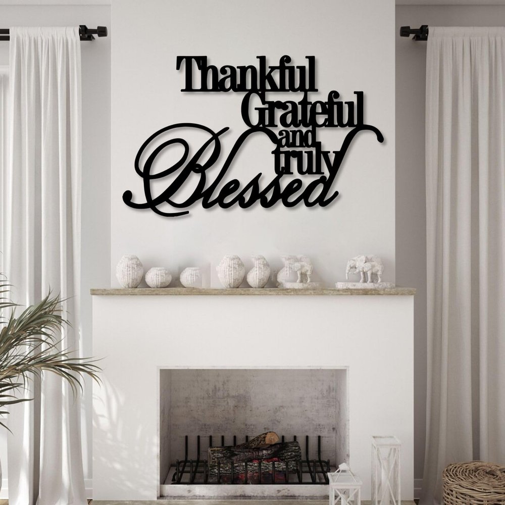 Kewhush Thankful Grateful Blessed Wall Decor, Metal Wall Art, Words Wall Decor, Housewarming Gifts (59"x37" | 150x93 cm, Black)