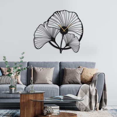 SIGNLEADER Metal Wall Clock Wall Art Decor, Artistic Ginkgo Leaf Wall Sculpture Clock Silent Battery Operated Hangings Home Decoration for Living Room, Bedroom, Kitchen, Bathroom - 30" Black
