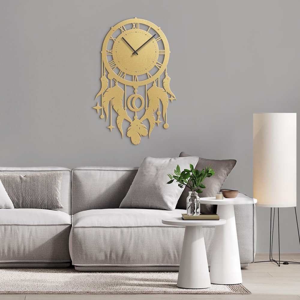 SIGNLEADER Metal Wall Clock Wall Art Decor, Bohemian Dreamcatcher Wall Sculpture Clock Silent Battery Operated Hangings Home Decoration for Living Room, Bedroom, Kitchen, Bathroom - 24" Gold