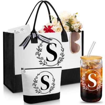 Aliceset Initial Gifts for Women Monogrammed Canvas Tote Bag with Zipper Pockets Reusable Grocery Bags and Glass Straws Cup(Letter S)