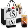 Aliceset Initial Gifts for Women Monogrammed Canvas Tote Bag with Zipper Pockets Reusable Grocery Bags and Glass Straws Cup(Letter S) view 1