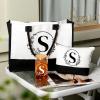 Aliceset Initial Gifts for Women Monogrammed Canvas Tote Bag with Zipper Pockets Reusable Grocery Bags and Glass Straws Cup(Letter S) view 3