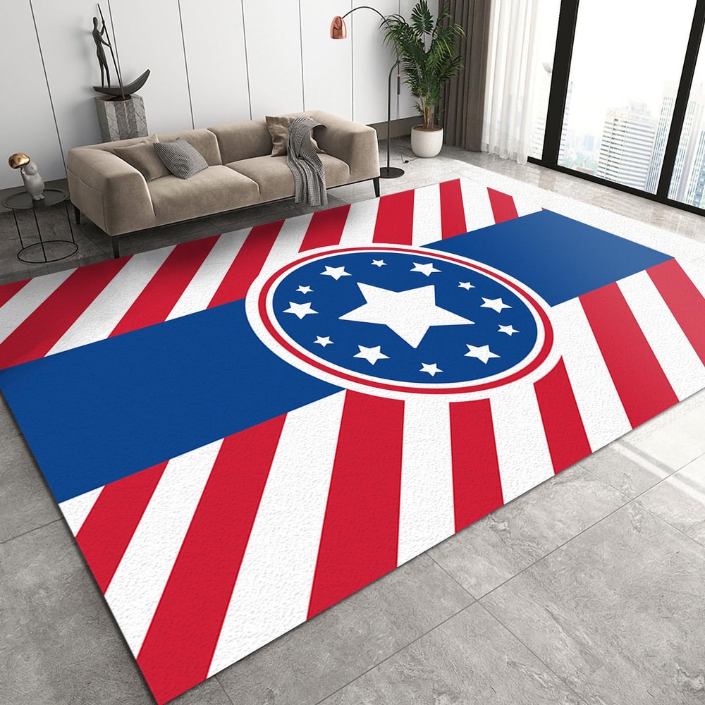7x10 Large Area Rugs American Disc Stars Area Rug for Living Room, Red Striped Flag Lovers Modern Rug with Double Sided Carpet Tape for Bedroom Men Room Decor