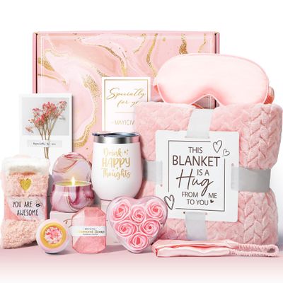 Birthday Gifts for Women Self Care Get Well Soon Gift Baskets, Rose Relaxing Spa Gift Basket Care Package w/ Luxury Flannel Blanket, Unique Valentines Day Gifts for Mom Her Friend Sister Wife Grandma