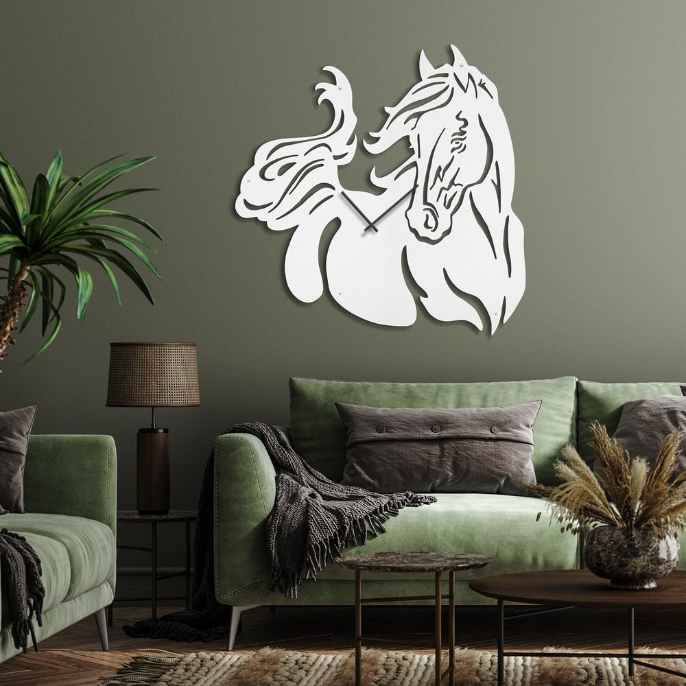SIGNLEADER Metal Wall Clock Wall Art Decor, Majestic Horse Silhouette Wall Sculpture Clock Silent Battery Operated Hangings Home Decoration for Living Room, Bedroom, Kitchen, Bathroom - 30" White