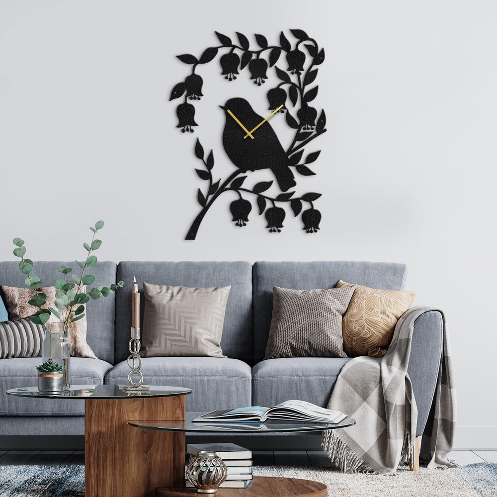 SIGNLEADER Metal Wall Clock Wall Art Decor, Charming Birds and Branches Wall Sculpture Clock Silent Battery Operated Hangings Home Decoration for Living Room, Bedroom, Kitchen, Bathroom - 24" Black