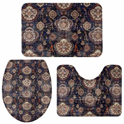 Wotrend Vintage Afghan Style 3 Piece Bath Rugs Set Plants Flowers Pattern Bathroom Mats Absorbent Contour Soft Mat Toilet Lid Cover Bathroom Decor Set, 20"x32"+16"x18"+16"x20"