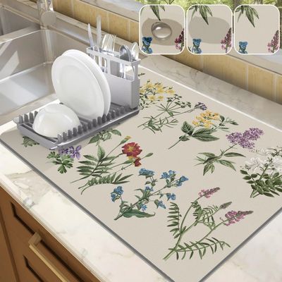 LOKHOM Dish Drying Mat for Kitchen Counter, 18"x24" Absorbent Coffee Bar Mat with Vintage Sage Flower Herbs, Dish Drainer Rack Mats for Kitchen Counter and Dining Room Decoration