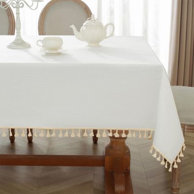 Alsoo Table Cloth Rectangle Table Heavy Duty Cotton Linen Texture Tablecloth Farmhouse Waterproof Wrinkle Free Tables Cover with Tassel for Kitchen Dining Holiday Party, Ivory, 55" x 75"