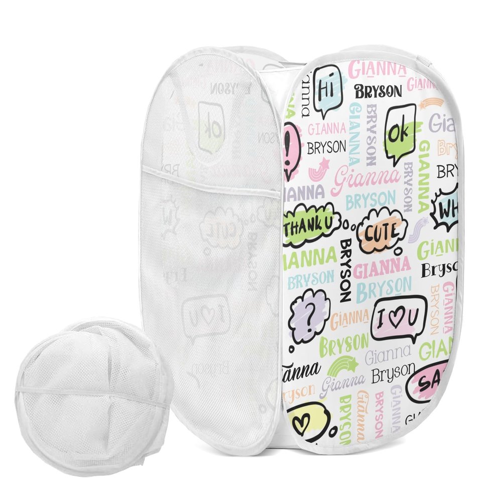 YUKILUKA Cute Colorful Doodle Laundry Hamper, Foldable Pop-up Mesh Hamper Dirty Clothes Basket Collapsible for Storage With Durable Handles, Custom 14th, 15X15X24IN