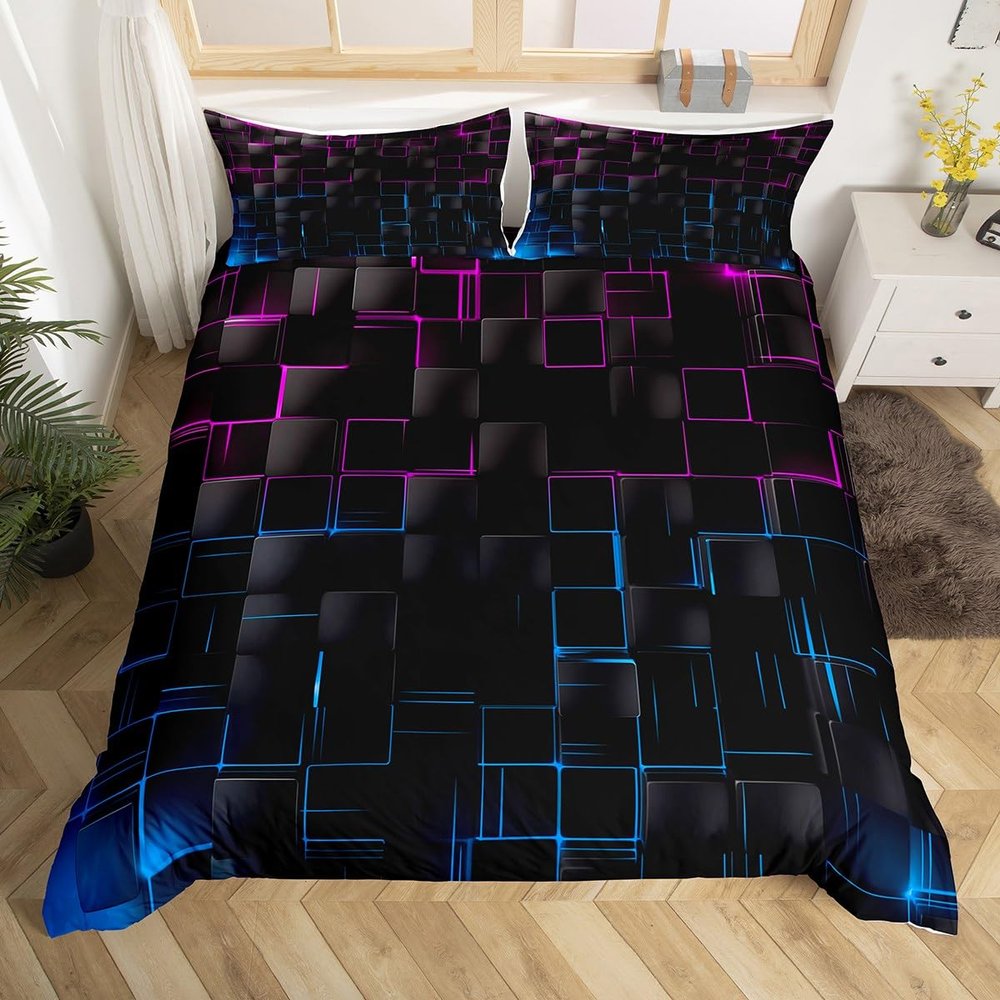 Manfei Rose Blue Checkered Duvet Cover Set Twin Size, Geometric Grid Plaid Bedding Cover, Women Men Room Decor, Modern Abstract Check Black Square Bed Sets for All Season, 1 Pillowcase, No Comforter
