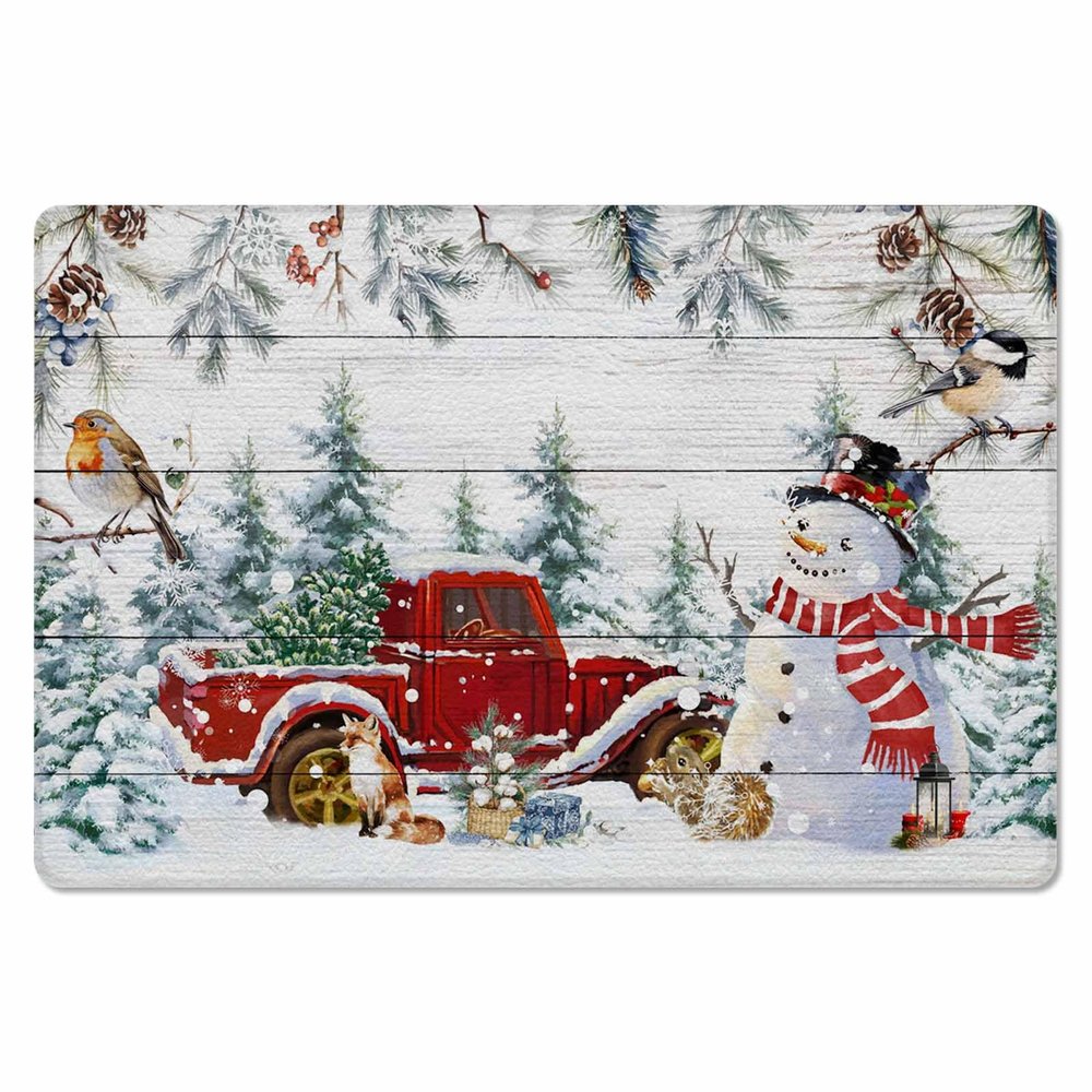 Blue Snowman Kitchen Bath Door Mat Cushioned Runner Rug,Washable Welcome Floor Sink Antifatigue Mat,Waterproof & Non-Slip Comfort Standing Doormat,Christmas Farmhouse Red Truck Pinecone 20"x39"