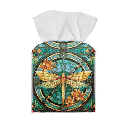 GLUDEAR Tissue Box Cover Gorgeous Geometric Modern Square PU Leather Facial Paper Case Organizer Holder Decorative for Bathroom Desk Car,Gold Dragonfly