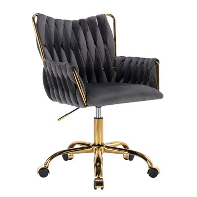 KCC Modern Velvet Home Office Desk Chair with Hand Woven Backrest, Upholstered Adjustable Makeup Vanity Chair with Armrest and Golden Metal Base with Wheels for Living Room Bedroom Study(Gray)