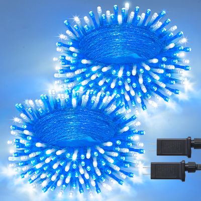 JMEXSUSS 2 Pack 100 LED Blue and White Christmas Lights, 33ft 8 Modes Christmas String Lights Indoor Outdoor, Clear Wire Plug in Twinkle Light for Xmas Bedroom Party Decorations