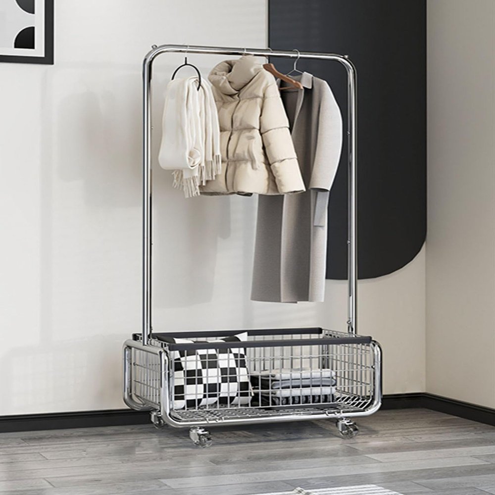 Diodceraic Freestanding Clothes Rack,Metal Coat Rack with Movable Storage Basket,360 Rolling Clothes Rack,Mobile Storage Coat Rack for Bedroom (Size : 120cm)