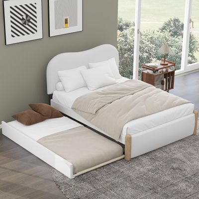ACQCA Full Size Bed Frame with Trundle,Upholstered Platform Bed W/Headboard,Wood Supporting Feet,No Box Spring Needed,for Kid Boy Girl Teen,White