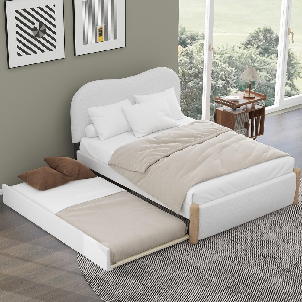 ACQCA Full Size Bed Frame with Trundle,Upholstered Platform Bed W/Headboard,Wood Supporting Feet,No Box Spring Needed,for Kid Boy Girl Teen,White