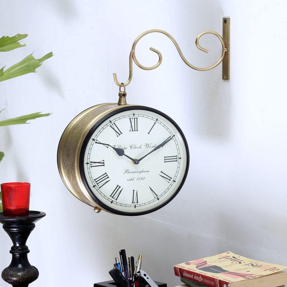 CRAFTS MAJESTY Vintage Clock Handcrafted Double Sided Railway Style Iron Wall Clock Metal Analog Double Sided Railway Station Hanging Clock for Living Room Home, Standard, CM011