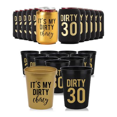 Dirty 30 Birthday Party Stadium Cups & Can Coolers with 1 Gold "It's My Dirty 30" Cup & Can Cooler, Set of 12, 16oz