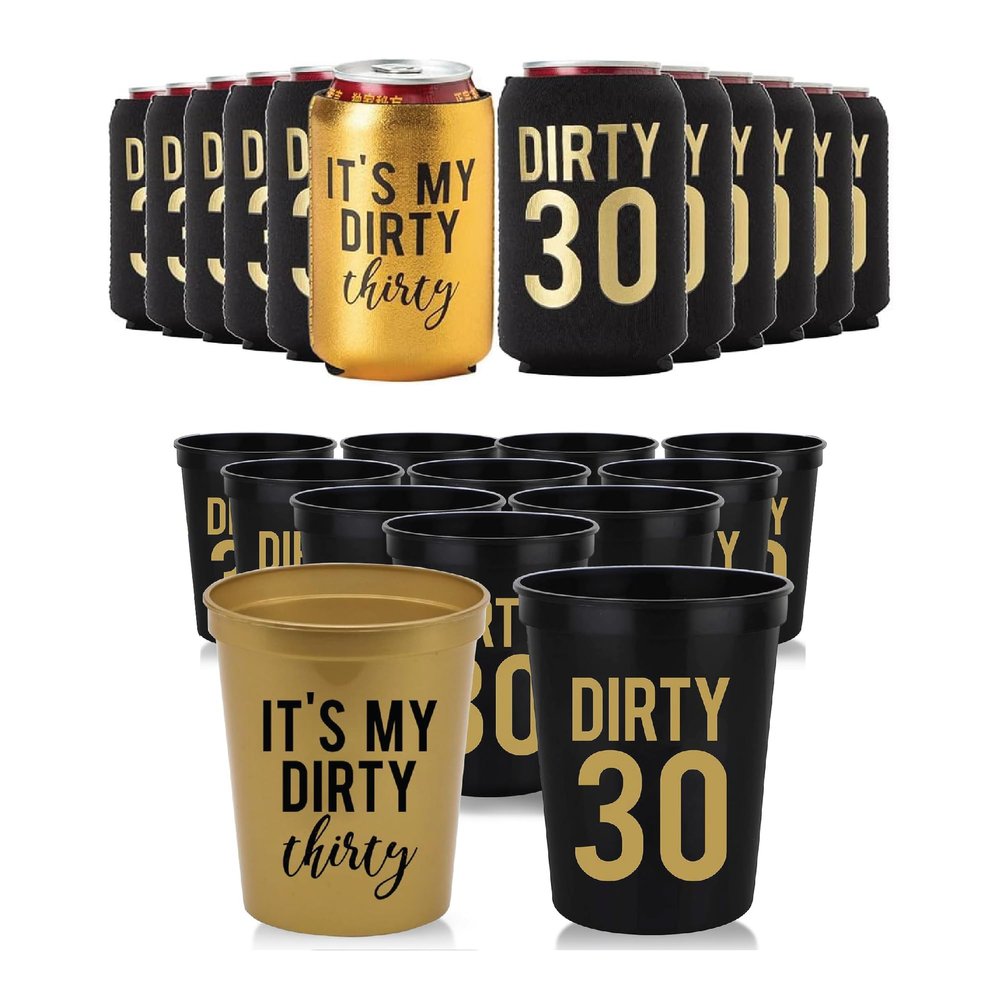 Dirty 30 Birthday Party Stadium Cups & Can Coolers with 1 Gold "It's My Dirty 30" Cup & Can Cooler, Set of 12, 16oz