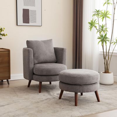 30.7" Wide Accent Chair with Ottoman Armchair Upholstered Reading Chair Single Sofa with Wooden Leg and Throw Pillow for Living Room Bedroom Dorm Room Office, Taupe Polyester Blend