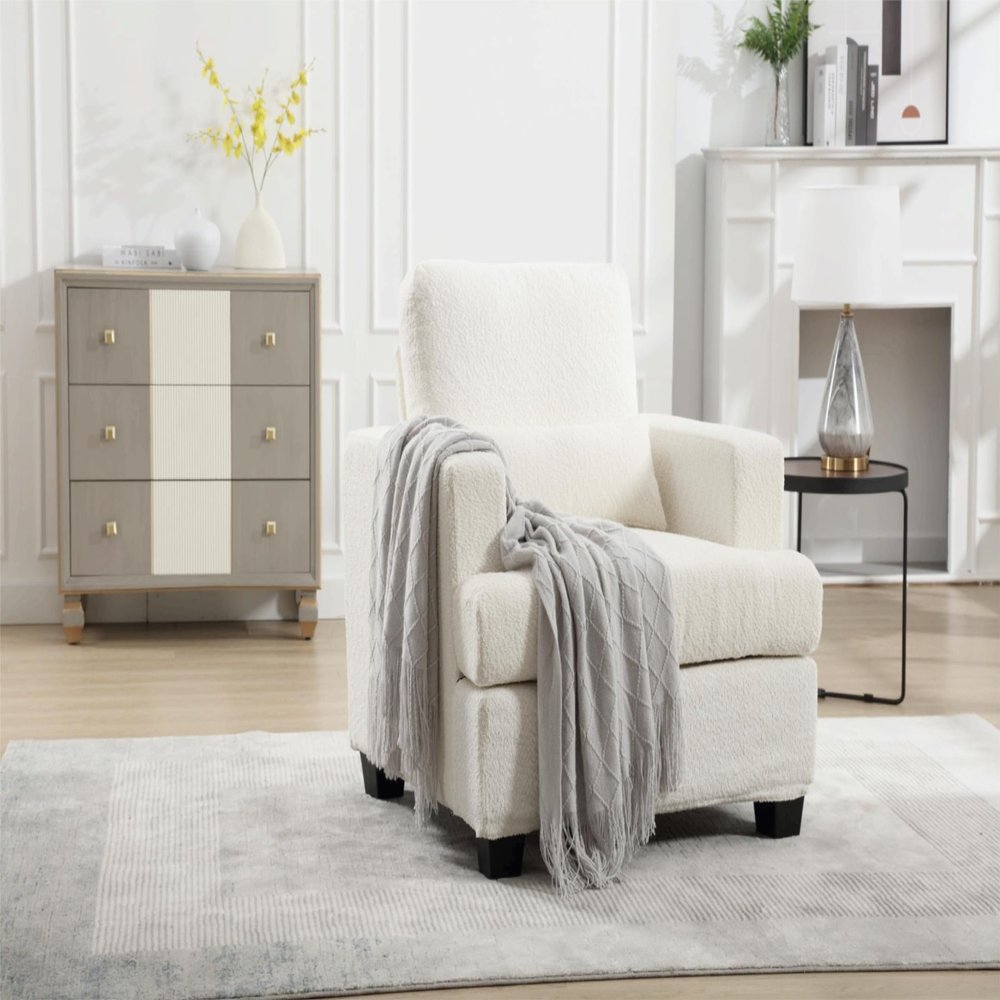 37" Length Modern Chair or Living Room, Sofas & couches with Square Armrest, Removable Back Cushion and 1pc Waist Pillow (White&Gray Fabric)