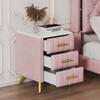 Upholstered Wooden Nightstand with 3 Drawers and Metal Legs&Handles,Fully Assembled Except Legs&Handles,Bedside Table with Marbling Worktop - Pink view 1