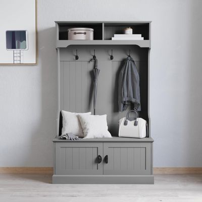 Merrick Lane Wallen Hall Tree with Storage Bench, Lower Storage Cabinet, 4 Metal Double Coat Hooks, and Upper Storage Shelves, 40" Wide, Gray