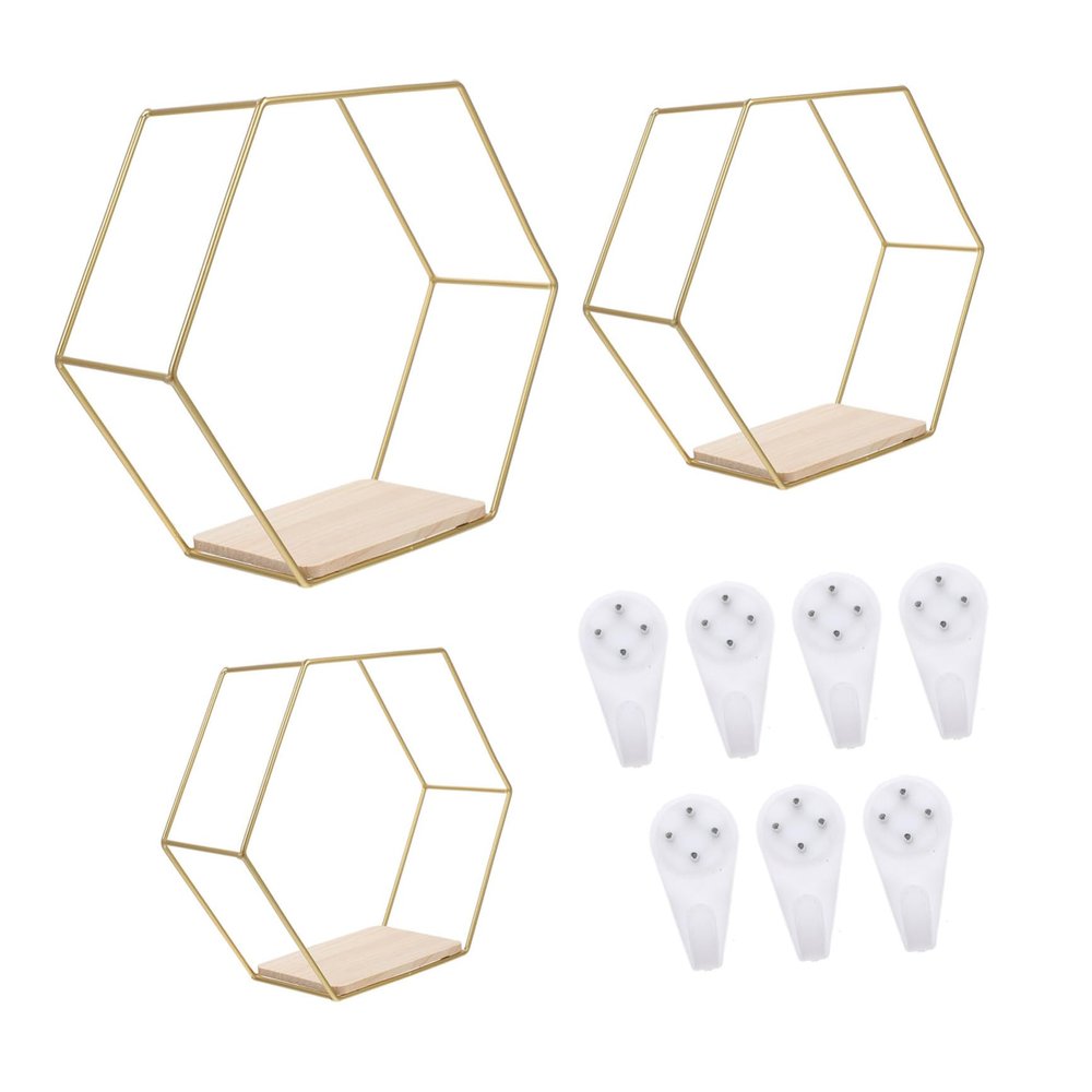 Cabilock 3pcs Hexagon Wall Storage Rack Iron Craft Hanging Shelf for Living Room Bedroom and Study Unique Combination Decorative Organizer