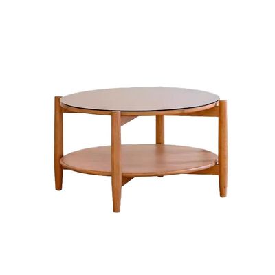 EQUALIZE Small Coffee Table Solid Wood Rattan Coffee Table Living Room Home Combination Round Table Brown Glass Retro Double-Layer Small Round Table Side Table