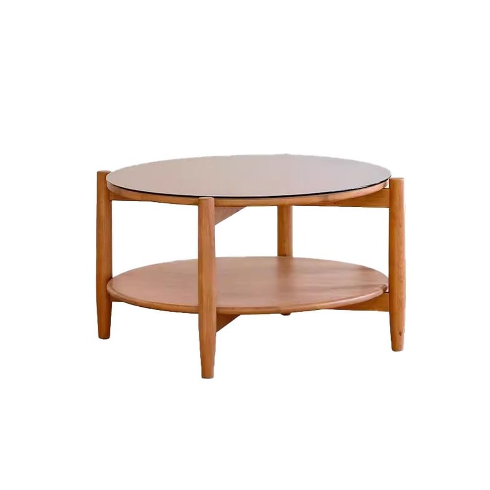 EQUALIZE Small Coffee Table Solid Wood Rattan Coffee Table Living Room Home Combination Round Table Brown Glass Retro Double-Layer Small Round Table Side Table