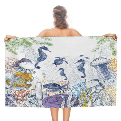 Brebasf Watercolor Underwater Seahorse Beach Towels Oversized Lightweight Soft Rustic Nautical Animals Jellyfish Sea Turtle Hippocampus Bath Towel Suitable for Hotel Bathroom-51L x31W