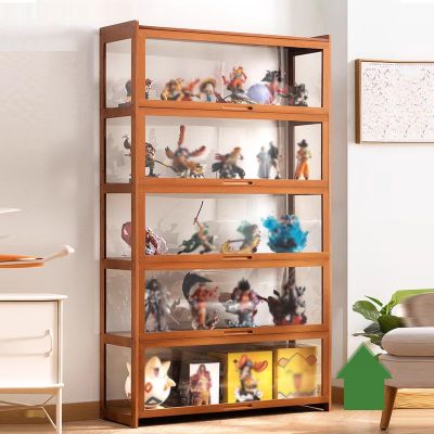 Curio Cabinet with Glass Doors Glass Display Cabinet Acrylic Display Case China Cabinet Natural Bamboo Frame, Glass Cabinet for Model Collectibles ( Color : Walnut Color , Size : 5F-90x34x172cm )