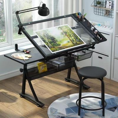 Artist Work Station Drawing Table, Adjustable Height(28-36.6in) & Angle(0-50), Home Office Desk, with Stool, Drawers, Side Trays, and Built-in Pencil Ledge (Color : Black, Size : 1*Side Tray)