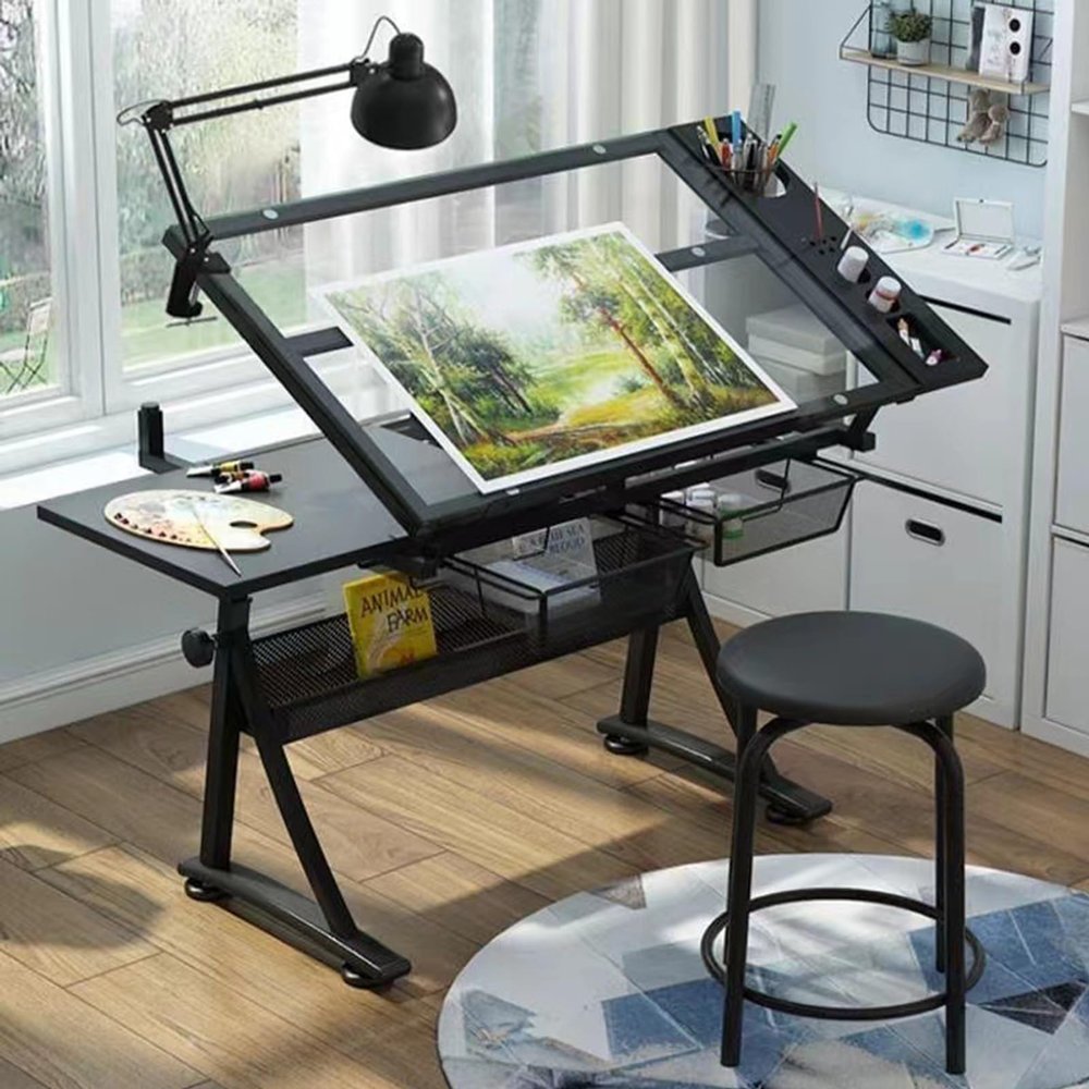Artist Work Station Drawing Table, Adjustable Height(28-36.6in) & Angle(0-50), Home Office Desk, with Stool, Drawers, Side Trays, and Built-in Pencil Ledge (Color : Black, Size : 1*Side Tray)