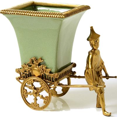 Ceramic Vase with Ice Crack Design,Retro Ornaments Creativity Crafts for Living Room, All-Brass Rickshaw Cart Statue, Business Gifts (Color : Green, Size : 32.5 * 29cm)