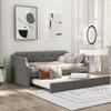 Acosure Twin Size Linen Upholstered Daybed with Trundle,Wooden Frame Armrests Bed W/Wood Slat Support,Arched Back & Nailhead Trim,for Kid,Dorm and Guest Bedroom,Gray view 1