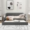 Acosure Twin Size Linen Upholstered Daybed with Trundle,Wooden Frame Armrests Bed W/Wood Slat Support,Arched Back & Nailhead Trim,for Kid,Dorm and Guest Bedroom,Gray view 3