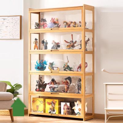 Curio Cabinet with Glass Doors Glass Display Cabinet Acrylic Display Case China Cabinet Natural Bamboo Frame, Glass Cabinet for Model Collectibles ( Color : Wood Color , Size : 5F-110x34x172cm )