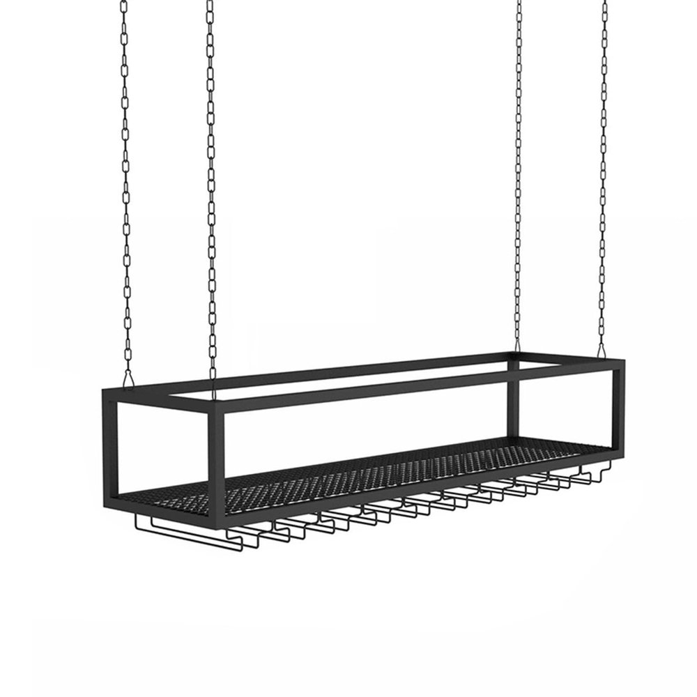 Ceiling Wine Glass Rack, Hanging Wine Rack with Glass Holder and Shelf, Industrial Hanging Wine Bottle Holder with Height Adjustable Chain, Metal Ceiling Shelf for Bar Cafe Kitchen (Color : Black, S