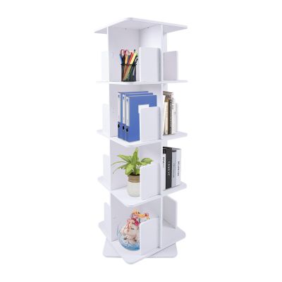 ZAWAYINE Rotating Bookshelf 4 Tier Bookcase Square Floor Standing 360 Rotating Stackable Storage Display Book Rack Shelf for Living Room Nursery Bedroom Study Office (White)