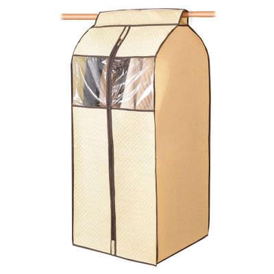 Clothes Storage Bags with Zipper, Transparent Window Sandwich Cotton Non-Woven Fabric Fully Enclosed Hanging Clothes Bag (Color : Beige, Size : 52x52x110cm)